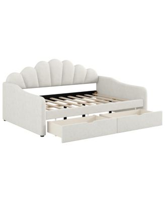 Full Size Upholstery Daybed with Scalloped Backrest and 2 Drawers