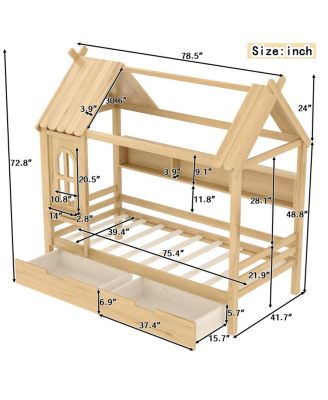  Twin House Bed with Storage Drawers and Shelves, Solid Wood