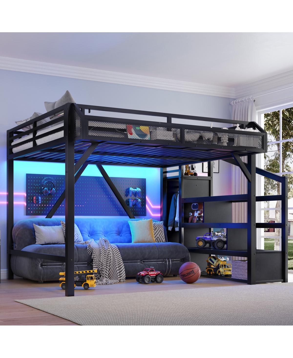 Streamdale Furniture Queen Loft Bed with Storage Stairs, Shelves, Wardrobe, Usb, Led, Black Woodgrain