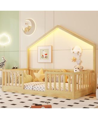  Twin Floor Bed with High Rails, Wooden Montessori Bed with Light for Kids