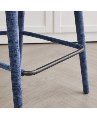 Backless Blue Upholstered Fabric Bar Stool with Padded Seat & Footrest