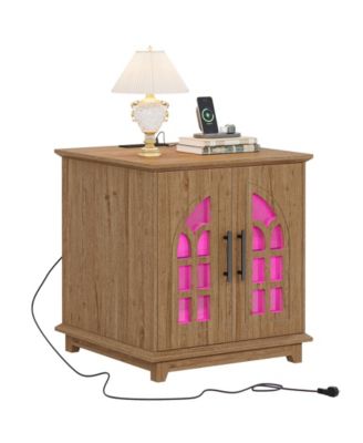 Large End Table with Charging Station & LED Light, 23.6" Square Sofa Side Table with Storage, Wooden Nightstand with Outlet