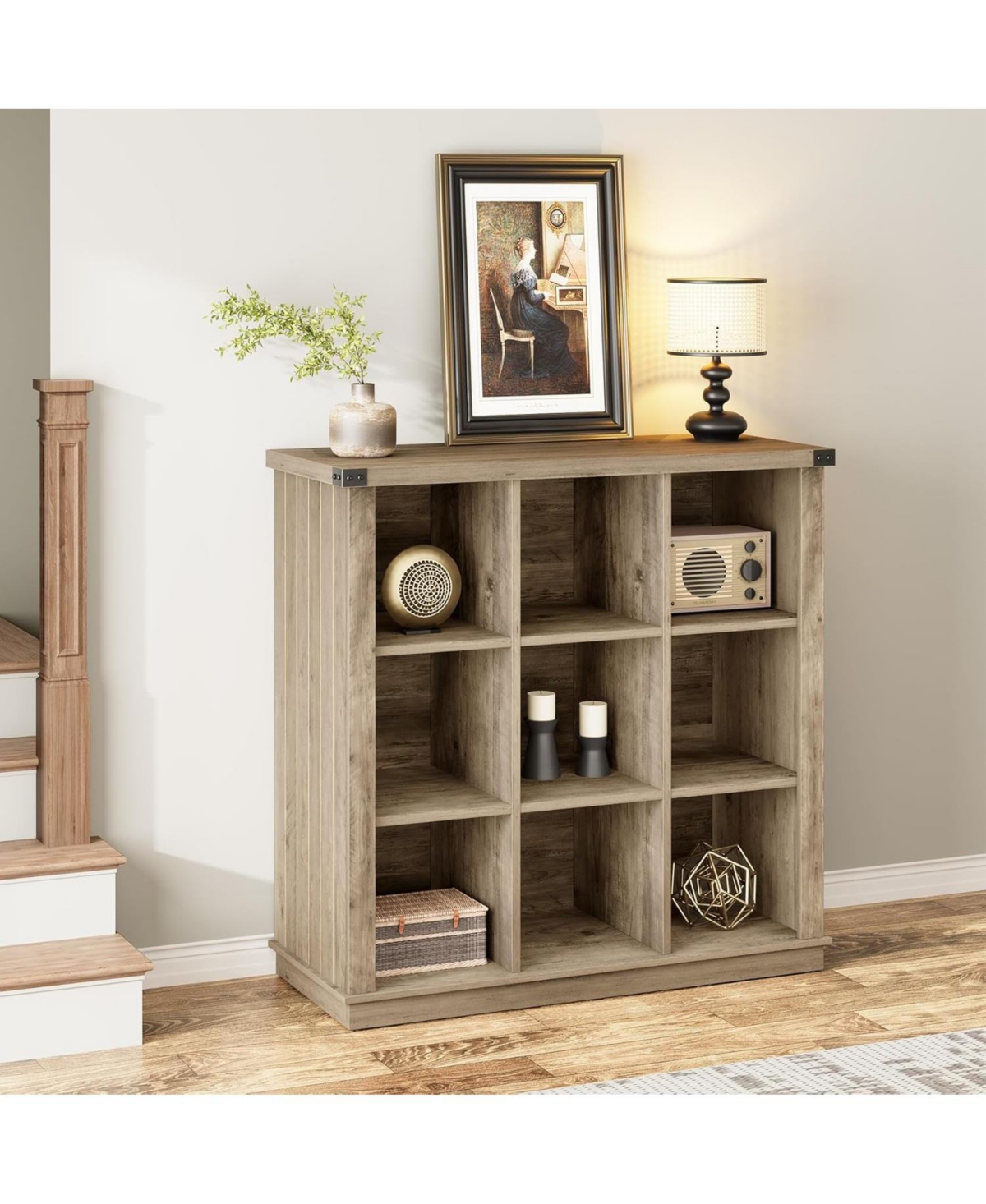 gaomon 9-Cube Storage Organizer Bookcase, 37.4" Long Low 4-Tier Farmhouse Wood Shelf for Entryway & Living Room