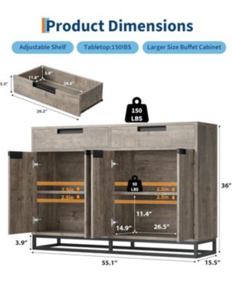 55" Kitchen Buffet Cabinet, Modern Sideboard with 2 Drawers & 4 Doors for Dining Room