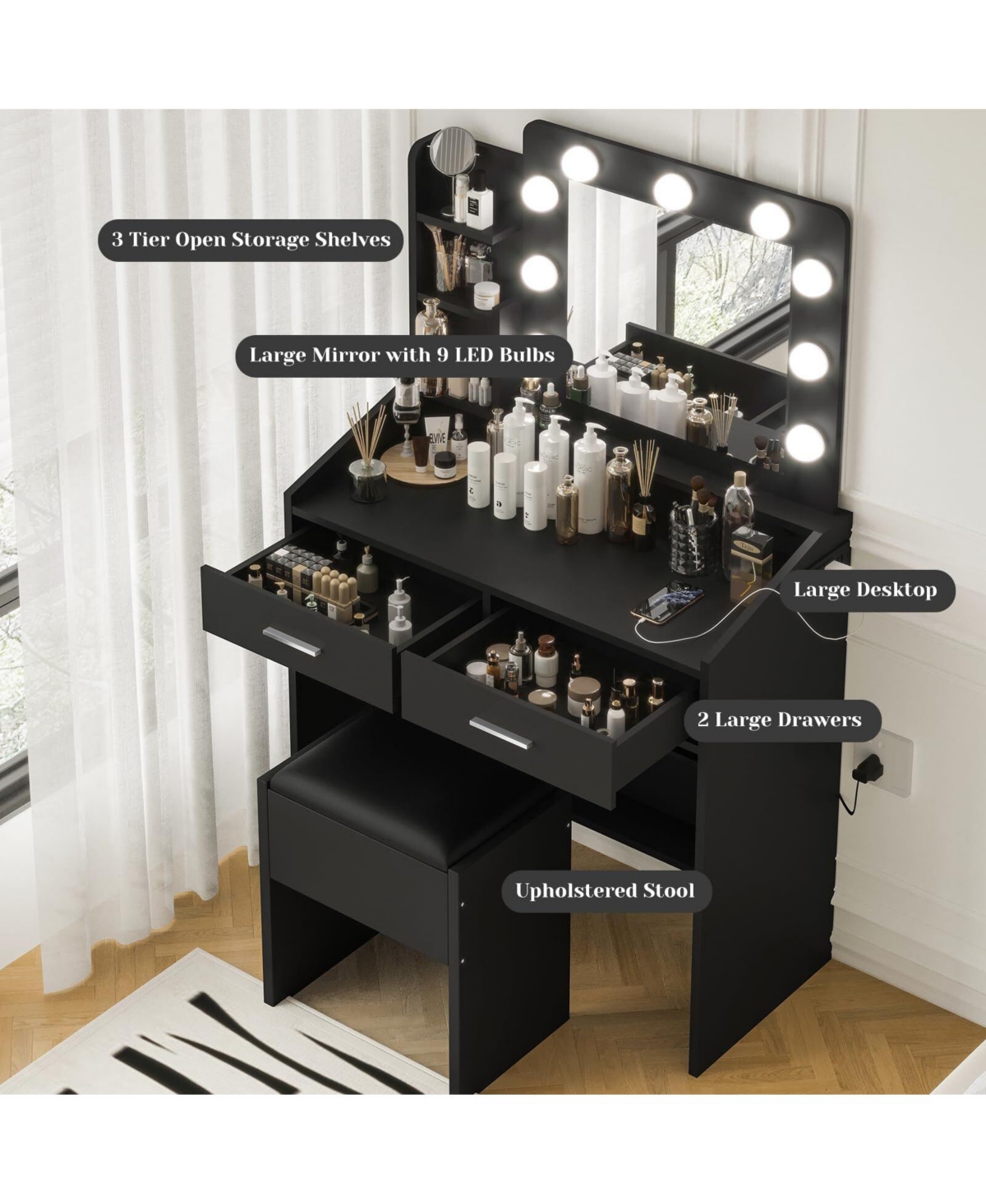 gaomon Vanity Desk with Mirror and Lights, Makeup Vanity with Power Outlet