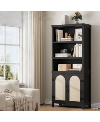 70" Tall Farmhouse Bookshelf with Rattan Doors, 3-Tier Open Bookcase with Adjustable Shelves