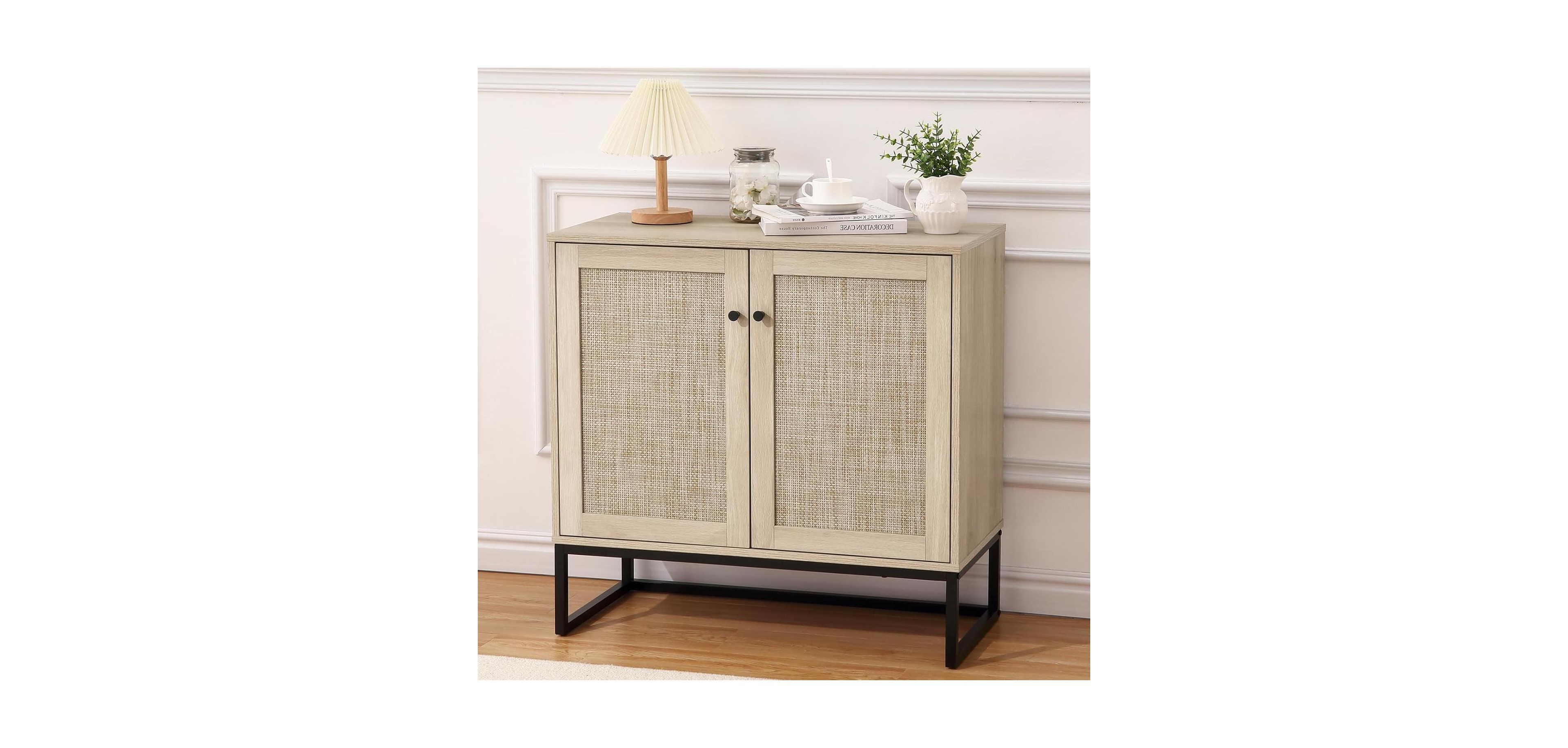 gaomon Sideboard Buffet Cabinet with 2 Rattan Doors, Farmhouse Console Table with Storage, Entryway Accent Table Kitchen Cupboard for Living Room