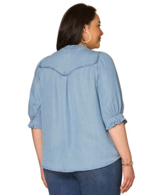 Plus Size Below Elbow Cinched Band-Sleeve Button-Down Top
