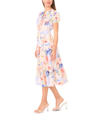 Petite Split Neck Puff-Sleeve Tiered Maxi Dress