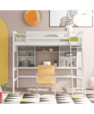Twin size Loft Bed with Storage Shelves, Desk and Ladder