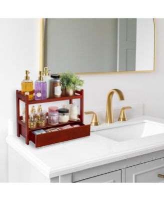 2-Tier Bamboo Counter Organizer with Drawer Bamboo for Vanity, Matcha Station, Bathroom Sink Organizer Countertop, Kitchen & Office Storage