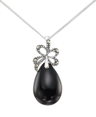 Marcasite (0.14 ct. t.w.) and Onyx (10 ct. t.w.) Pendant Necklace in Sterling Silver