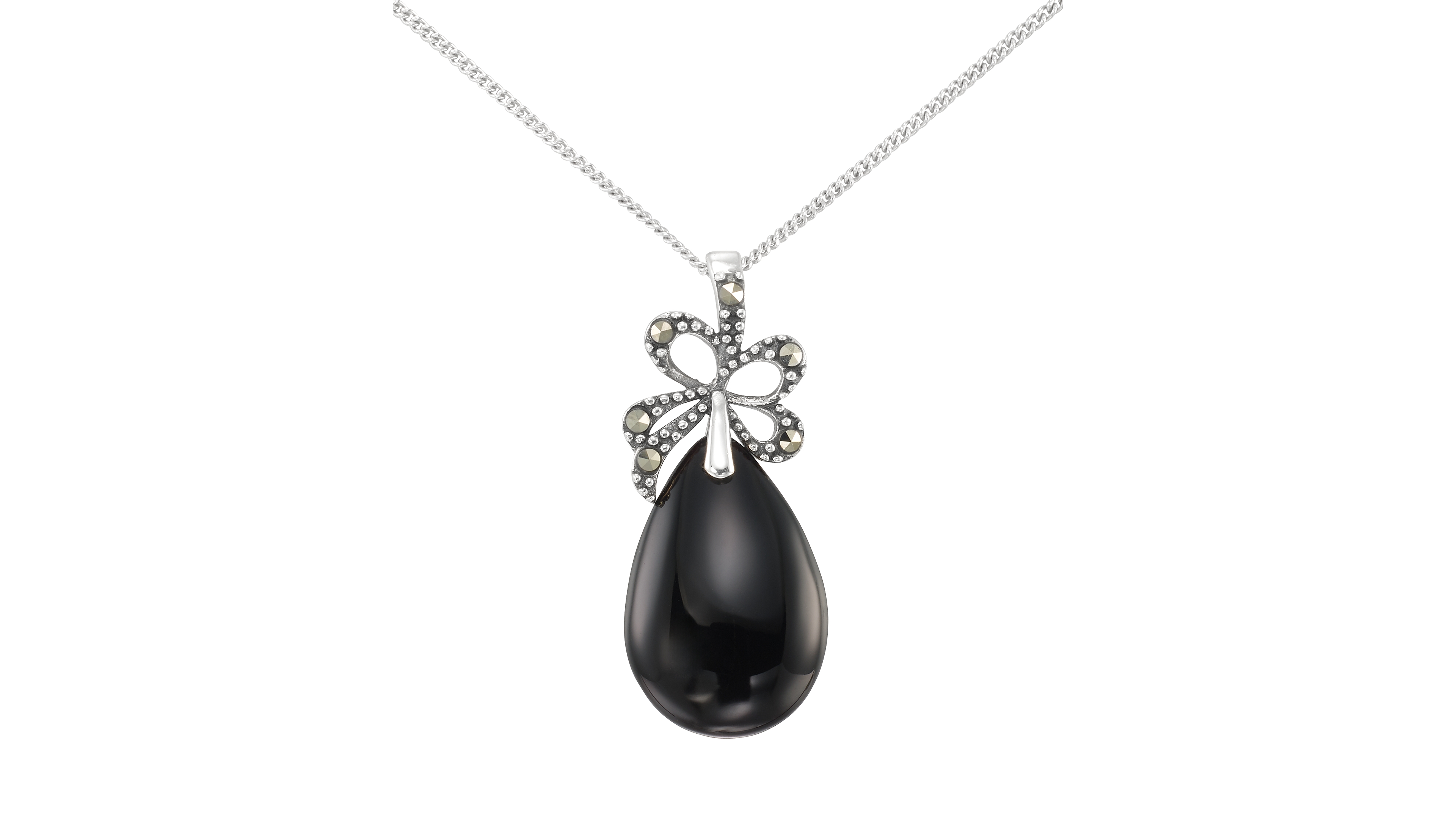 Macy's Marcasite (0.14 ct. t.w.) and Onyx (10 ct. t.w.) Pendant Necklace in Sterling Silver