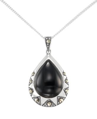 Marcasite (0.19 ct. t.w.) and Onyx (3-1/2 ct. t.w.) Teardrop Pendant Necklace in Sterling Silver