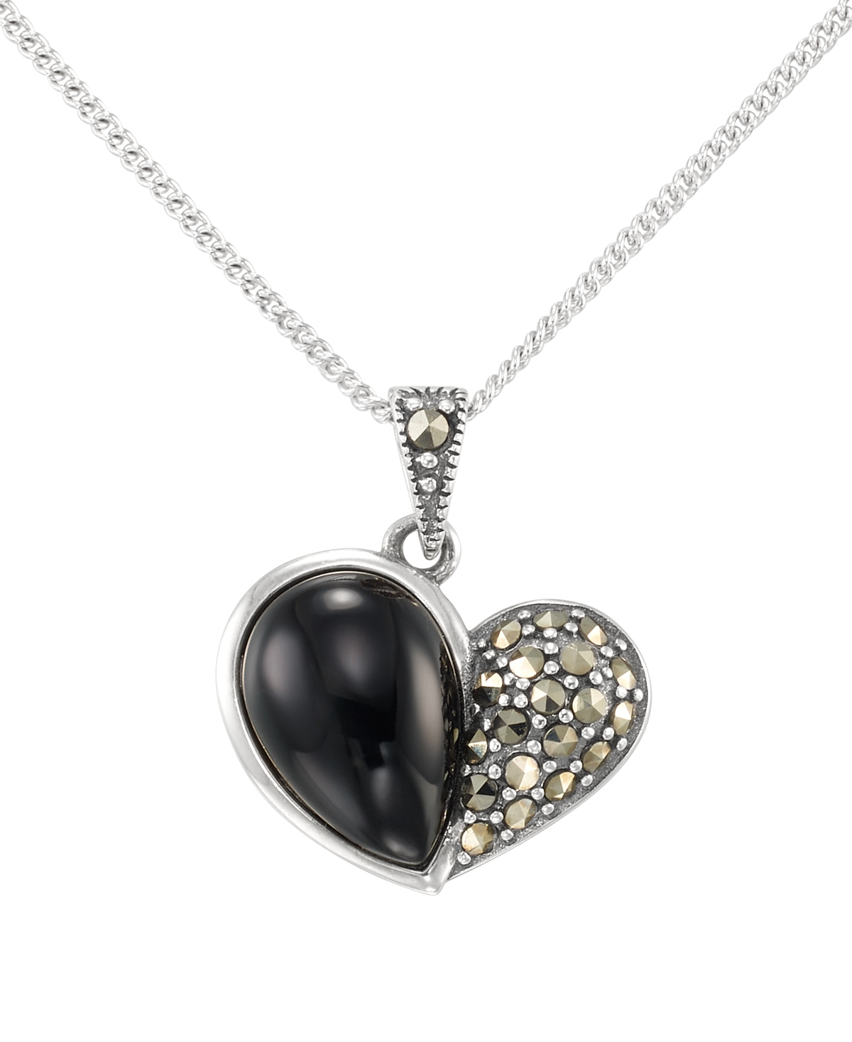 Macy's Marcasite (0.24 ct. t.w.) and Onyx (3 ct. t.w.) Heart Pendant Necklace in Sterling Silver