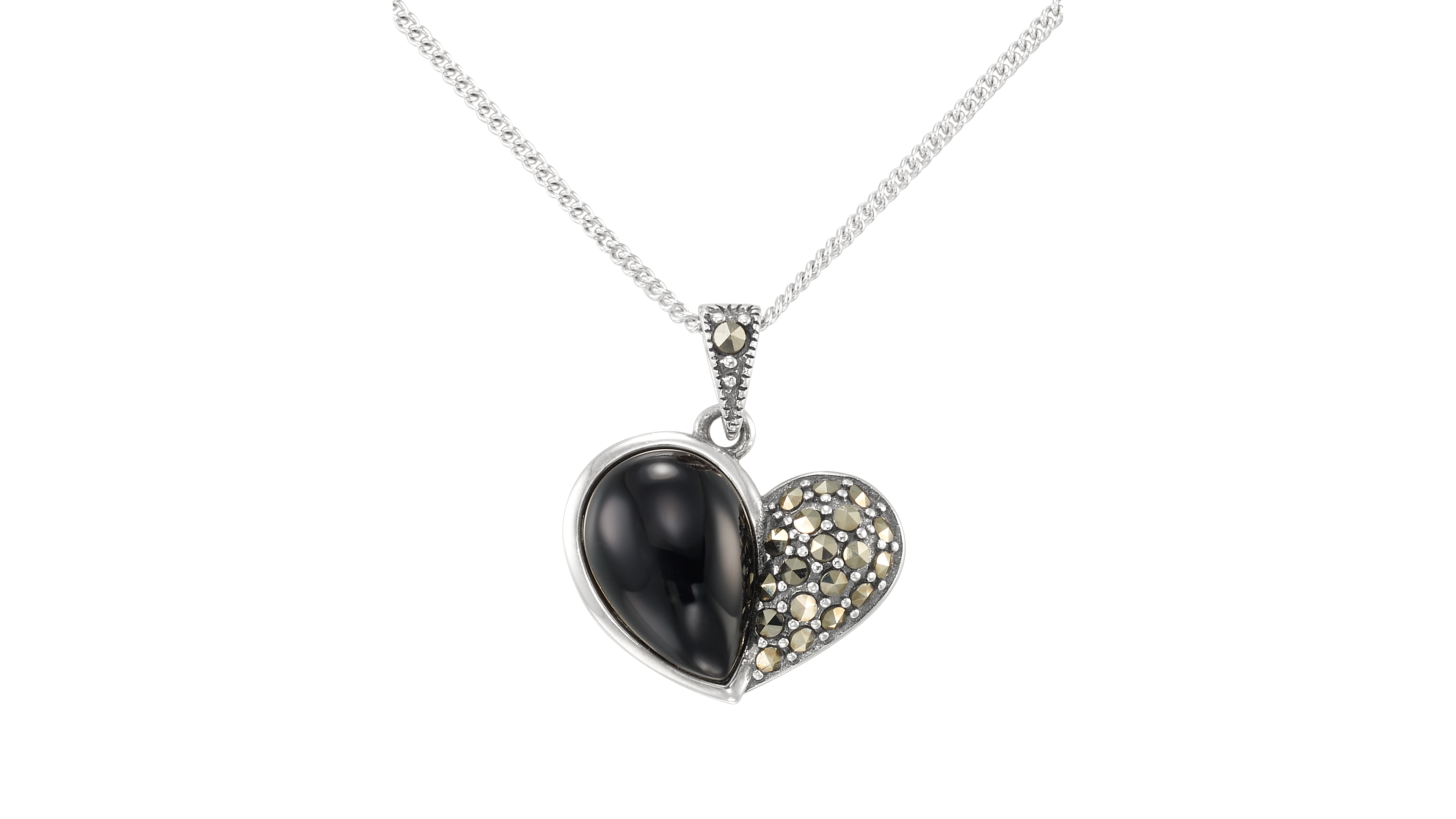 Macy's Marcasite (0.24 ct. t.w.) and Onyx (3 ct. t.w.) Heart Pendant Necklace in Sterling Silver