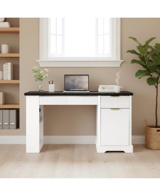 55" Modern Fluted Office Desk with Storage, Drawers, Power Outlet & Keyboard Tray