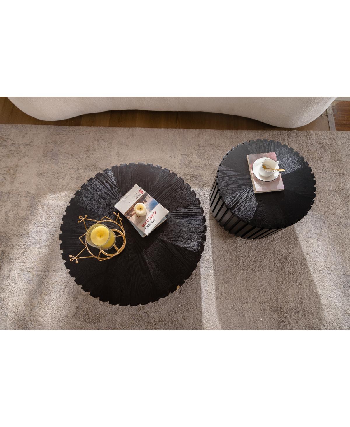 Streamdale Furniture Set of 2 Black Fluted Coffee Table - Solid Wood & Mdf Round Accent Tables
