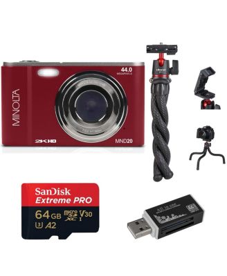 Minolta MND20 44 MP 2.7K Ultra HD Digital Camera (Red) with accessory kit