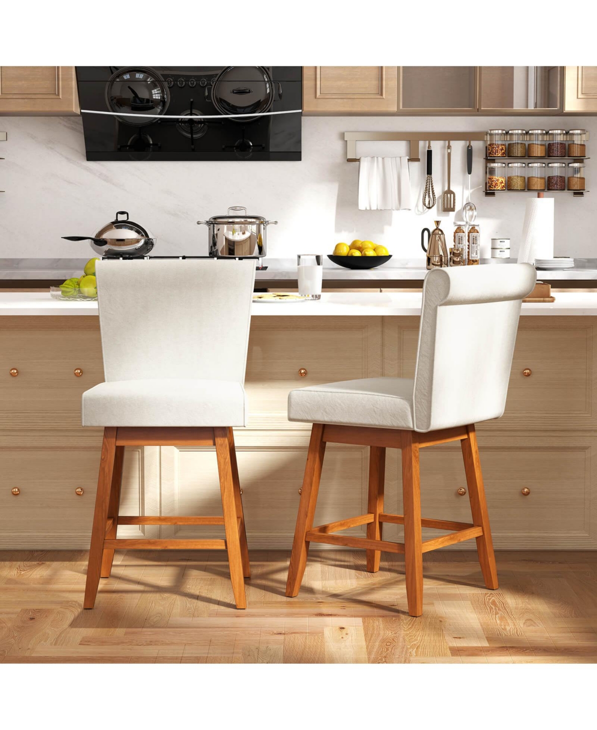 Costway 27" Swivel Bar Stools with Rubber Wood Legs Upholstered Linen Bar Chairs