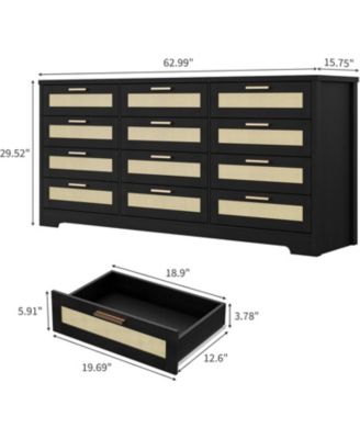 12 Drawer Dresser for Bedroom, Modern Farmhouse Rattan Chest of Drawers, Wood Dresser for Closet, Living Room, Entryway, and Hallway