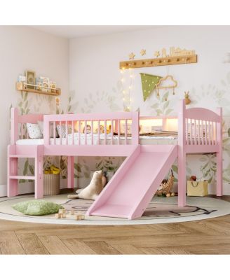 Twin XL Solid Wood Loft Bed with LED Lights and Storage Shelves