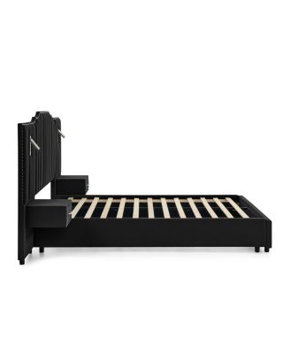 Queen Size Velvet Upholstered Bed Frame with Vertical Stripes