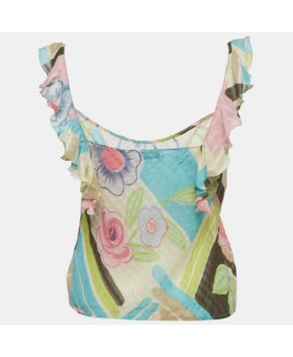 Women's Multicolor Printed Silk Ruffe Sleeve Sheer Top