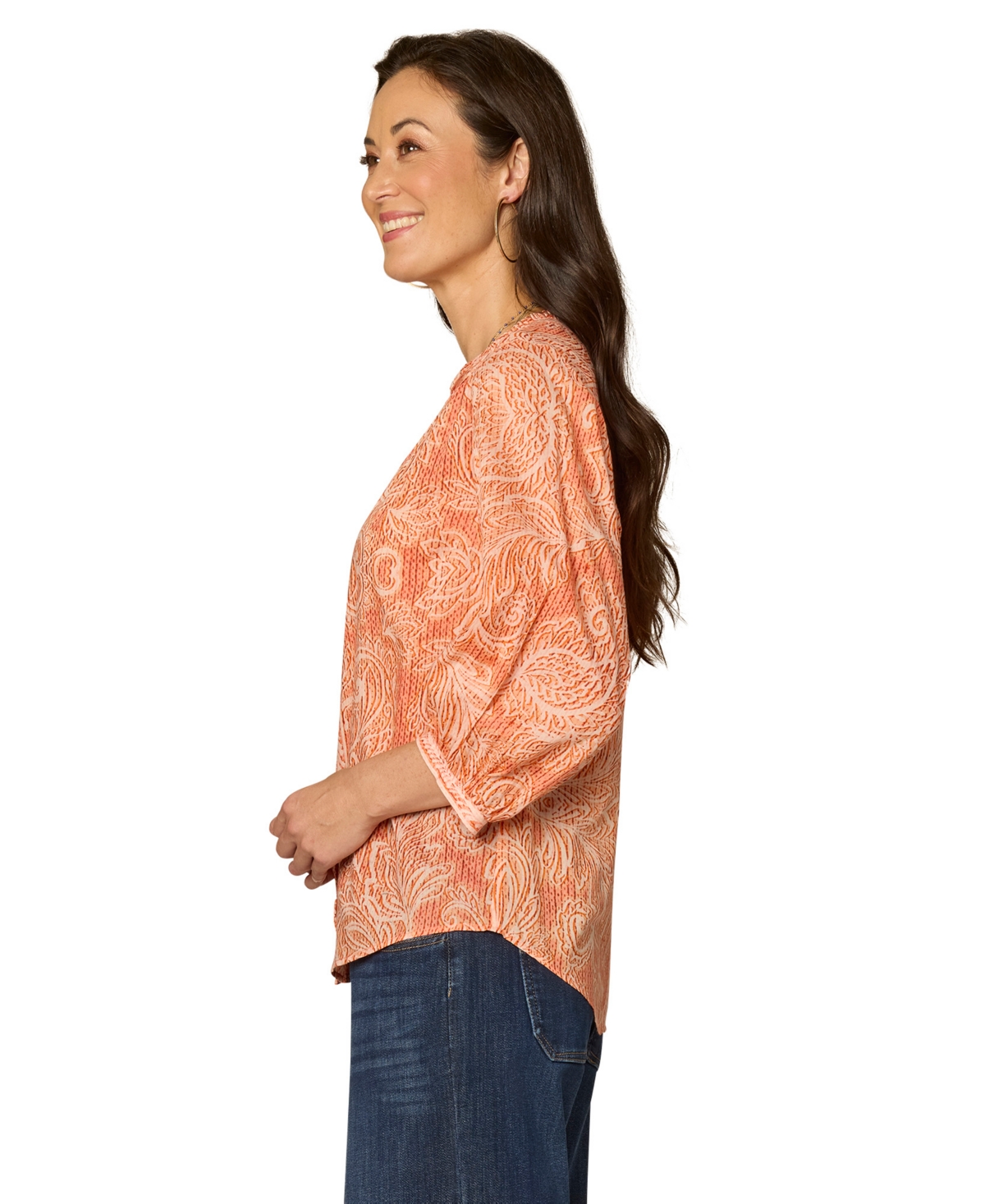 Democracy Petite Below-Elbow Blouson-Sleeve Stand Collar Top