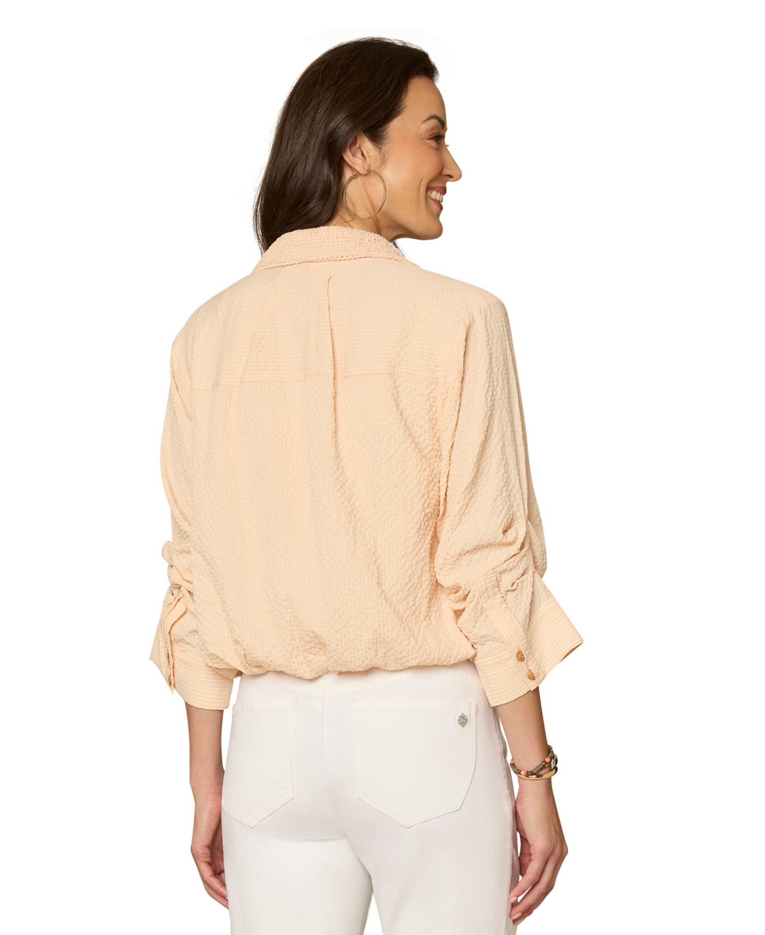 Petite Smocked Collar Bubble-Hem Striped Collared Shirt
