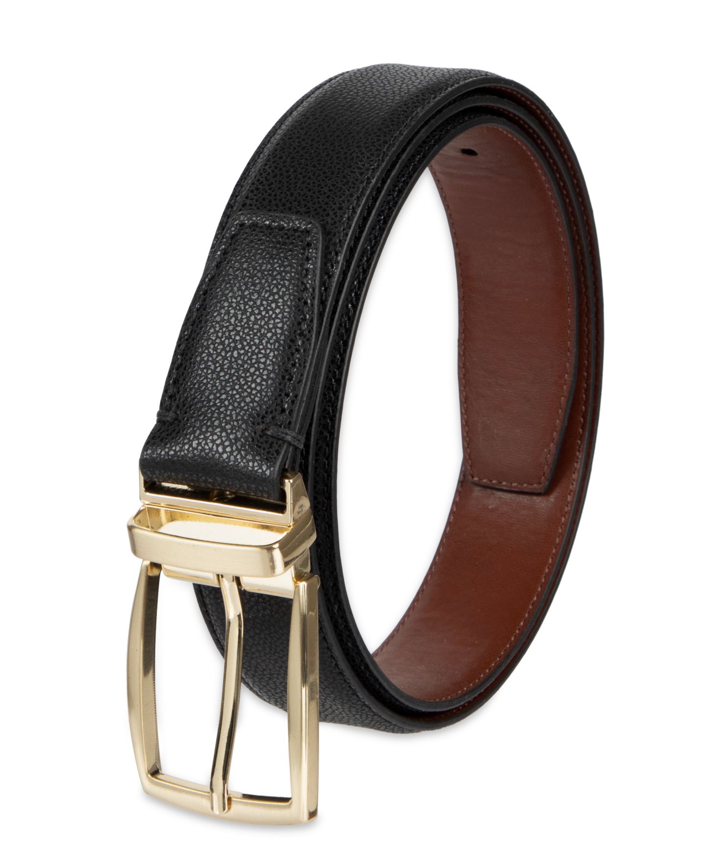 Мужской ремень Club Room 32MM Luxury 2-In-1 Reversible Pebbled Leather Belt, цвет: Чёрный / Коньячный — фото 3