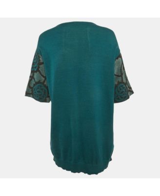 Womens Teal Green Floral Intarsia Lurex Knit Top