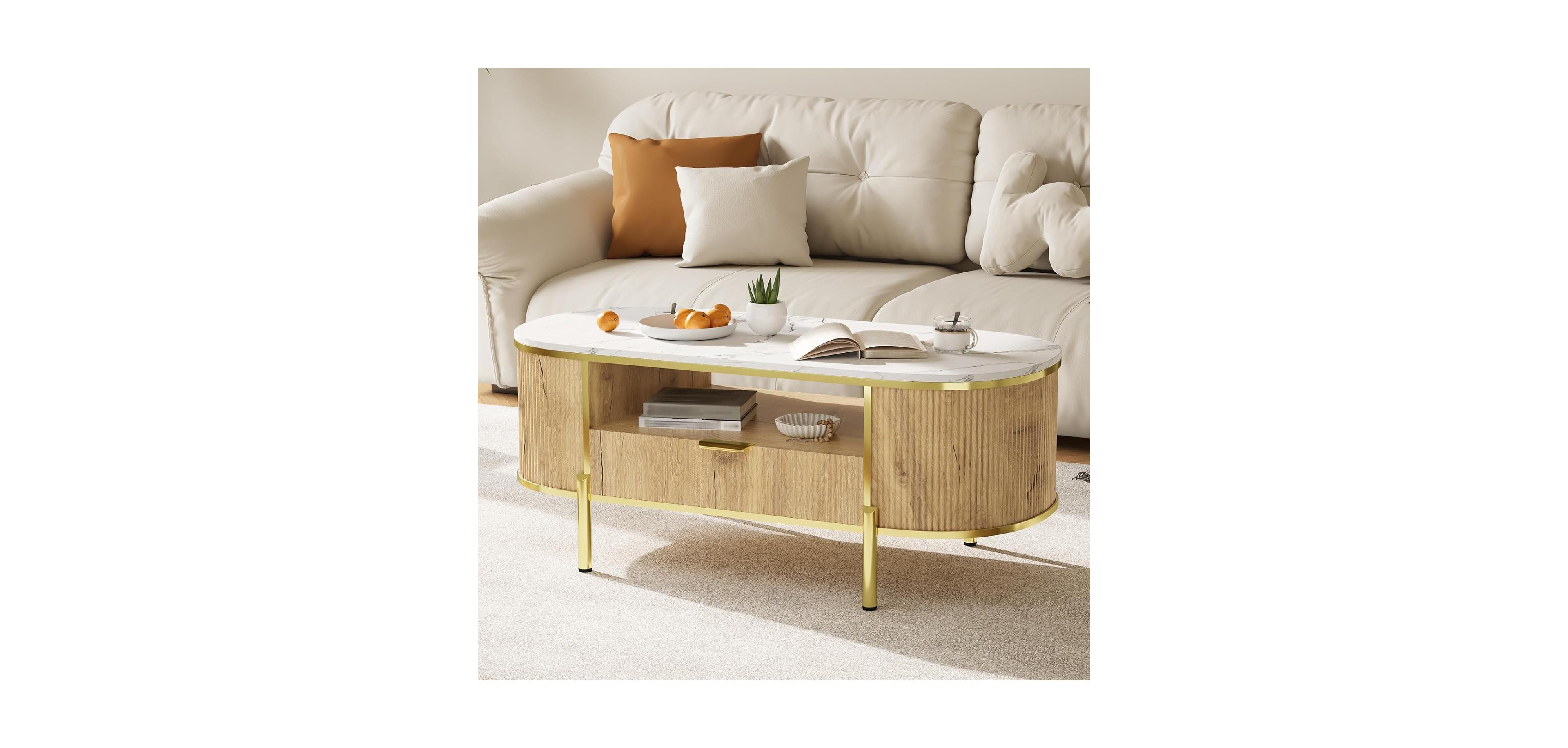 gaomon 48" Oval Coffee Table with Fluted Design & Faux Marble Top, Modern Luxury Center Table with Drawers for Living Room