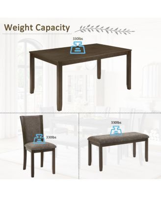 6-Piece Farmhouse Rustic Dining Table Set with Bench and Chairs, Dark Walnut