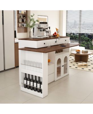  Kitchen Island with Extendable Rotating Table, Walnut Veneer, 4 Drawers, Glass Cabinets