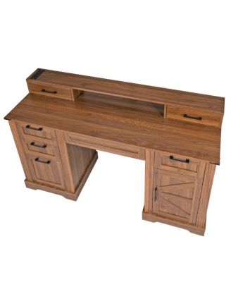  59" Farmhouse Office Desk with Charging Station & Storage Cabinet, Barn Door Design