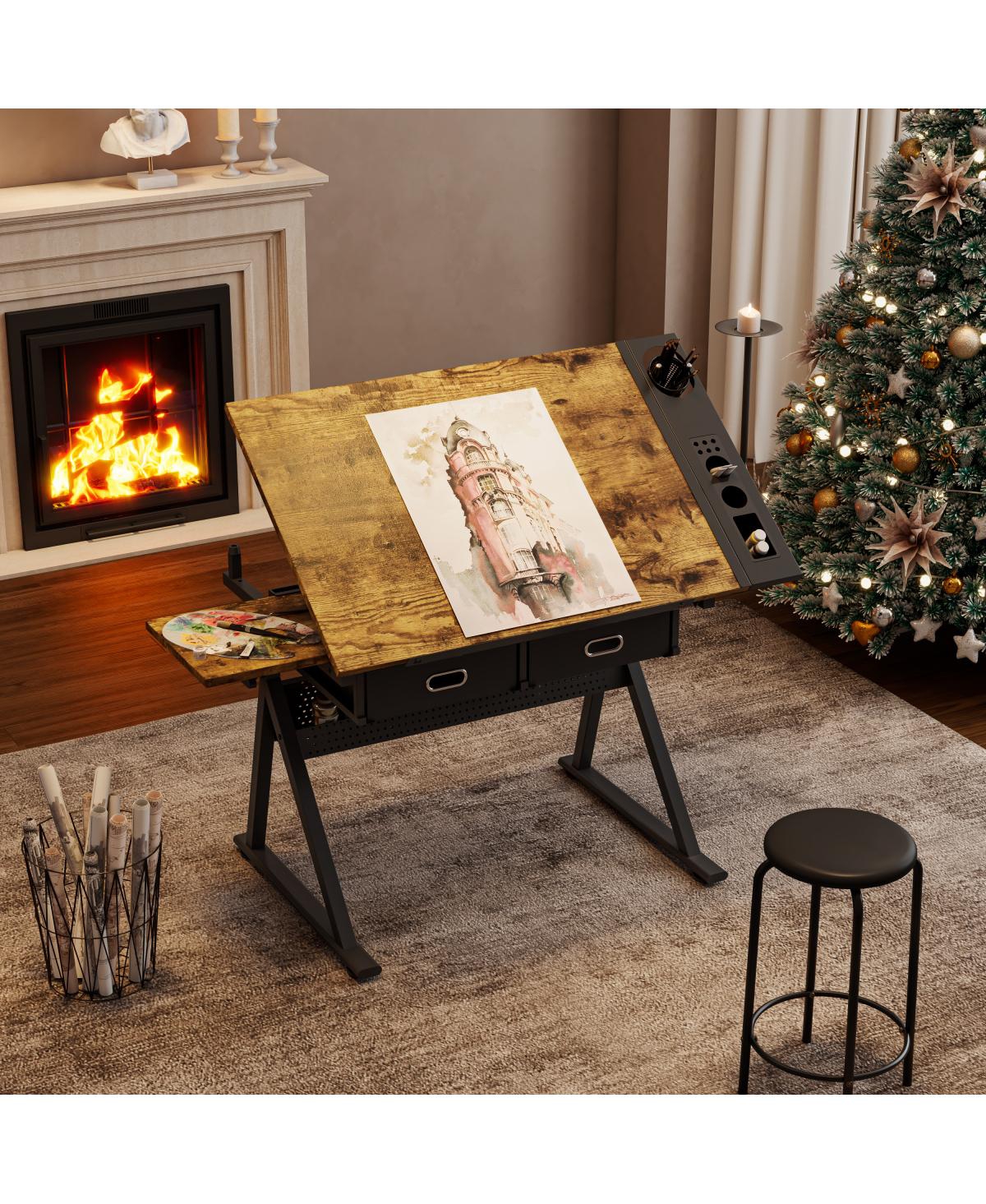 Streamdale Furniture Adjustable Drawing Drafting Table Desk with 2 Drawers & Stool