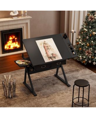  Adjustable Drawing Drafting Table Desk with 2 Drawers & Stool (Black)