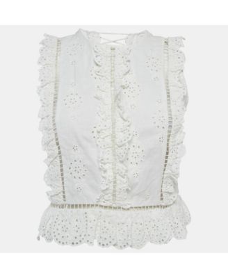 Women's White Linen Blend Eyelet Crop Top