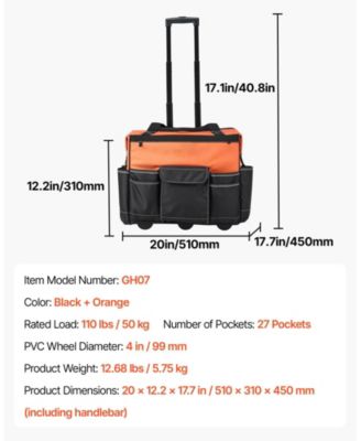 Rolling Tool Bag on Wheels, 110 lb Capacity, 27 Pockets Heavy-Duty Tool Organizer, Telescoping Handle, Stable Base