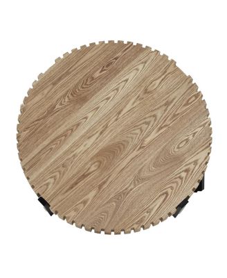 Round Handcraft Drum Coffee Table with Gear Design & Cross Metal Base, 31.5" Modern Compact Table