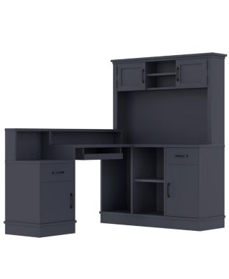 L-Shaped Computer Desk with Outlet, Drawers, Bookshelf, Blue