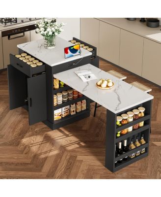 Extendable island console with drawers, cabinet, shelving, dining table, breakfast bar