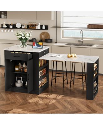 Extendable island console with drawers, cabinet, shelving, dining table, breakfast bar