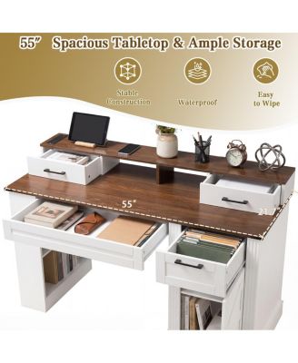 55" Farmhouse Office Desk with Storage, Barn Door Design, Keyboard Tray, Monitor Stand, White
