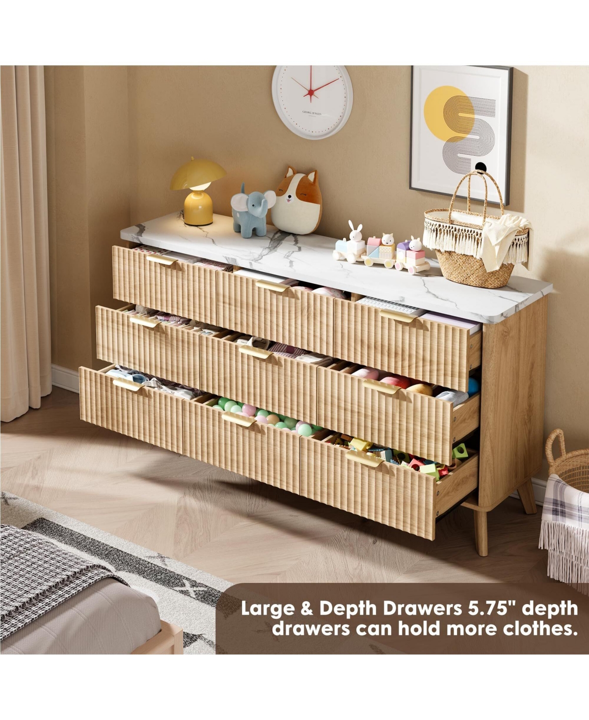 gaomon Fluted Dresser for Bedroom, 9 Deep Drawer Modern Wood Storage Chest, Beige