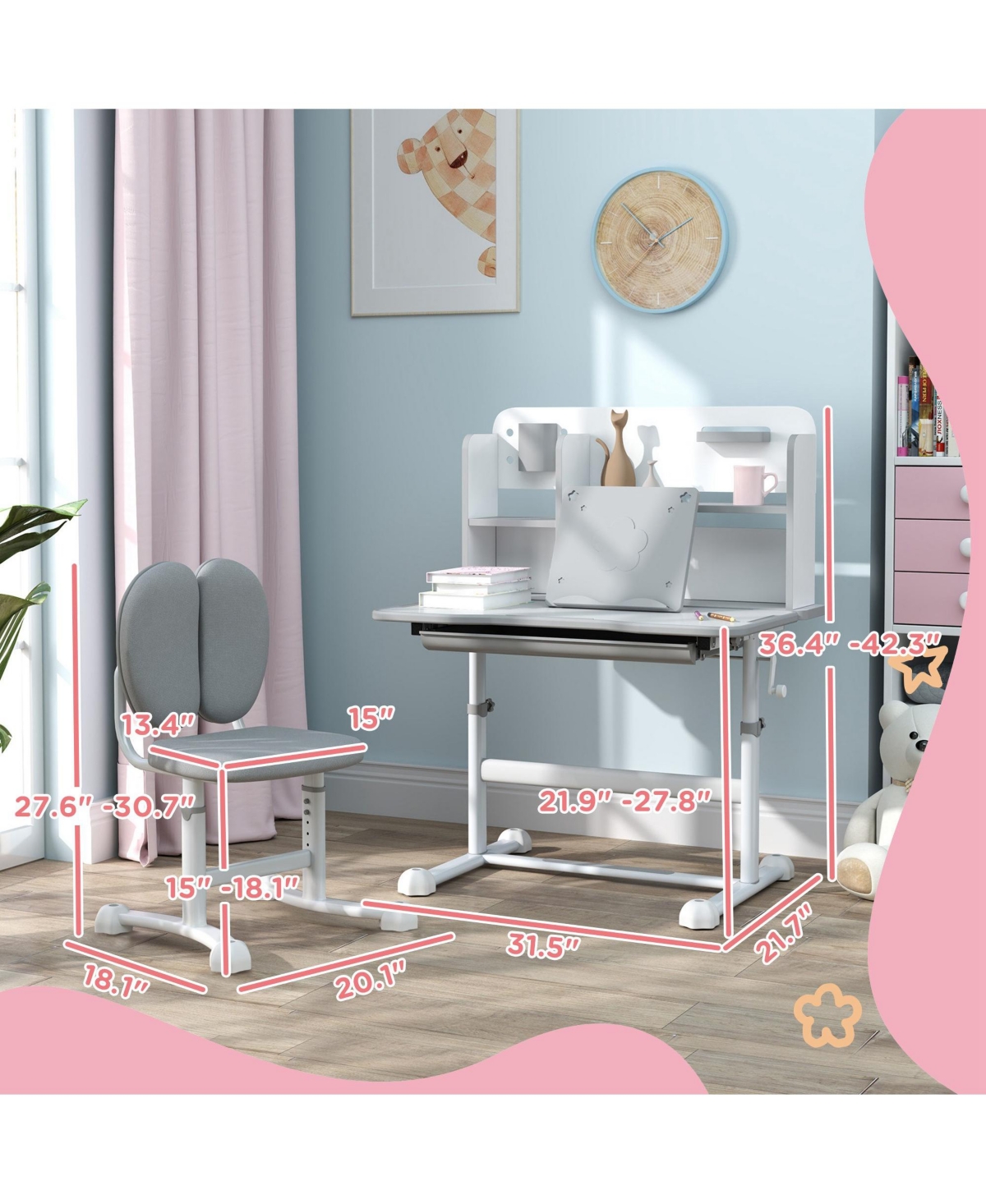 Qaba Height Adjustable Kids Desk and Chair Set w/ Reading Rack,