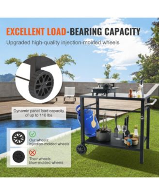 Outdoor Grill Dining Cart, Double Shelf, Iron Top, 2 Wheels, Carry Handle, Food Prep Table