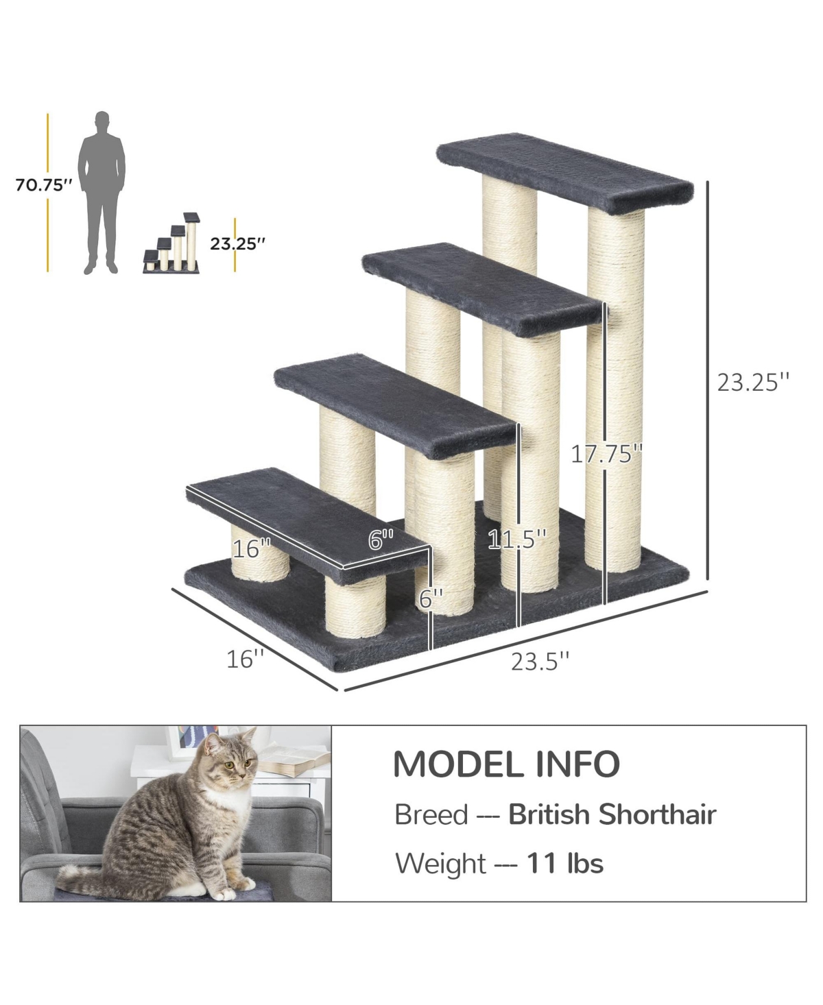 Zeus & Ruta Gray 4-Step Stair Shaped Cat Tree for Indoor Cats & Dogs