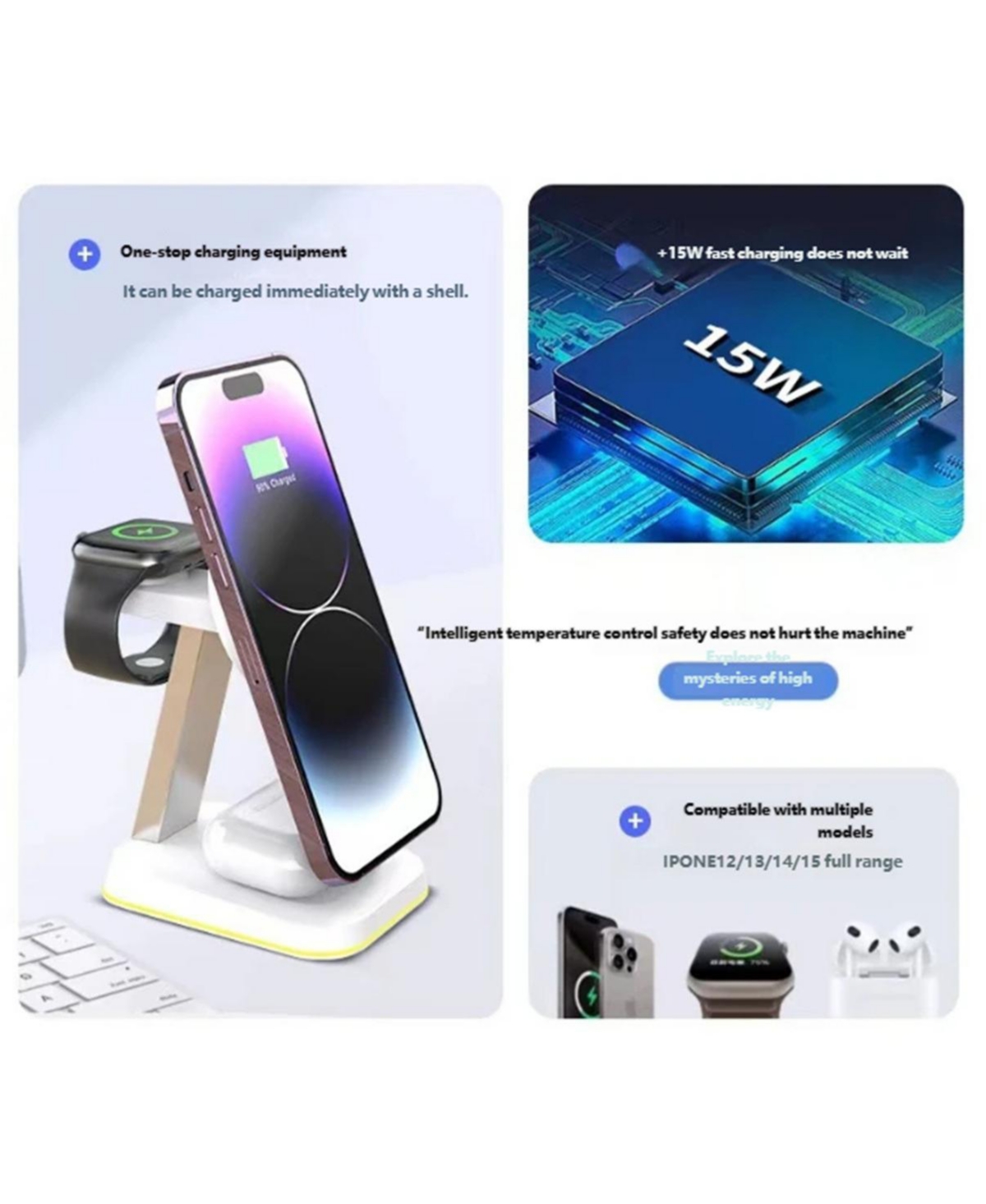 Risokeys 3-in-1 Magnetic Wireless Charger - Desktop Vertical MagSafe Phone Stand Fast Charging for Phone Earphones, Apple Watch